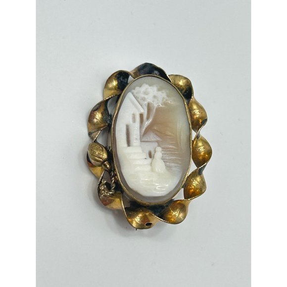 Vintage Carved Genuine Shell Cameo Brooch Rebecca at the Well Scenic Collectible - Picture 2 of 8